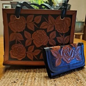 American West tooled flower purse and wallet.